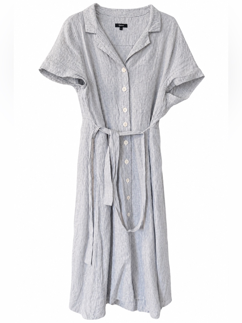 Quince Light Blue Striped Button-Front Dress with Tie Waist Linen XL
